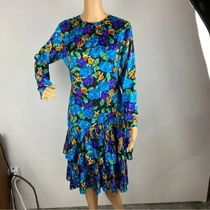 Vintage Lindsey Blake Petites Bright Floral Pleat Layered Cocktail Dress 8P